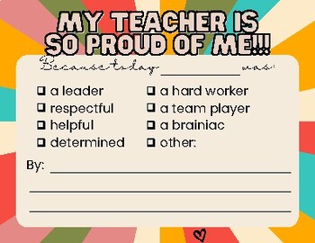 Preview of Positive Notes Home "My Teacher is So Proud of Me"