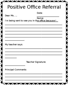 Positive Office Referral by Principal Printable TpT
