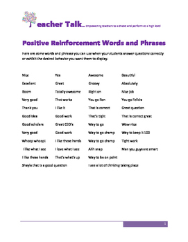 SCORE WELL ON YOUR TEACHER EVALUATION Positive Reinforcement Words and