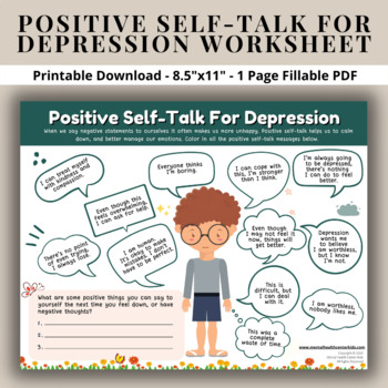 Positive Self-Talk Affirmations Depression Fillable CBT Coping Skills ...