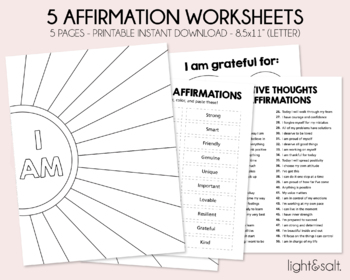 Preview of Positive Therapy Affirmation Worksheets, Self esteem, Daily self love, self care