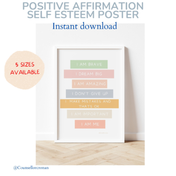 Preview of Positive affirmations, growth mindset poster, school counselling, psychologist