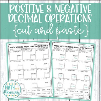 positive and negative decimal operations cut and paste worksheet