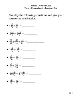 Preview of Positive and Negative Fractions Test for Grade 7 - 8 Students