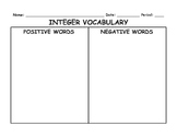 Positive and Negative Integer Word Vocabulary Activity