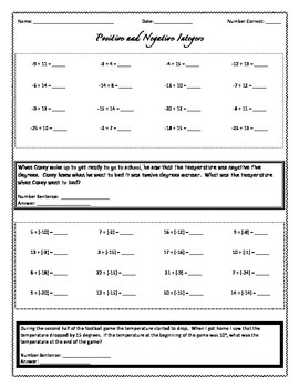 positive and negative integer worksheets by livelaughteach