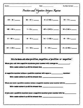 positive and negative integer worksheets by livelaughteach