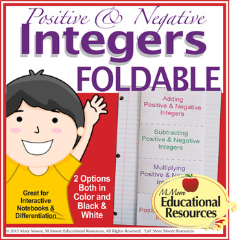 Preview of Positive and Negative Integers - FOLDABLE for Interactive Notebooks, 2 Options
