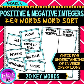 Preview of Positive and Negative Integer Key words - Word Sort Activity