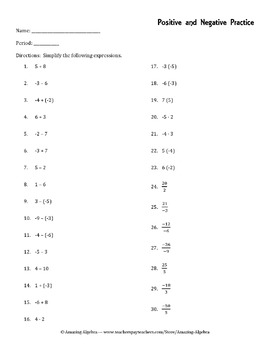 Positive And Negative Numbers Practice And Homework Problems By Amazing Algebra