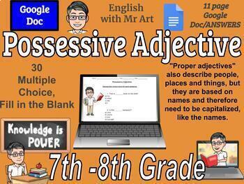Preview of Possessive Adjective - English - 30 Multiple Choice, Answers - 7th - 8th grades