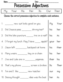 Preview of Possessive Adjectives Worksheets