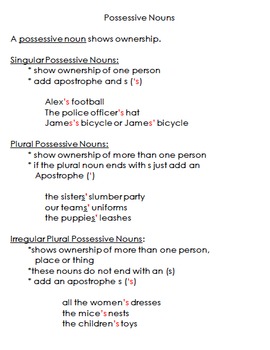 Preview of Possessive Nouns Notes