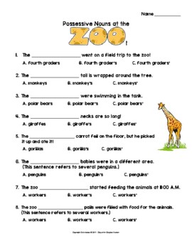 Possessive Nouns: Zoo Worksheet or Assessment (singular and plural rules)