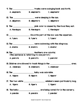 Possessive Nouns: Zoo Worksheet or Assessment (singular ...