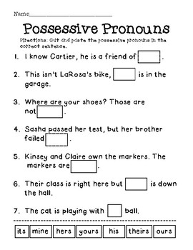 Possessive Pronouns Cut & Paste Practice by KinderWithCaitlyn | TpT