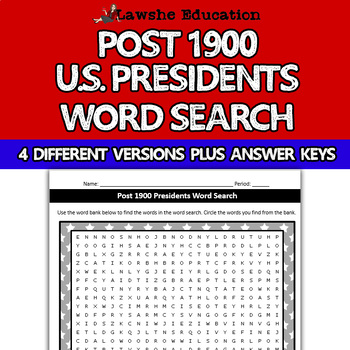 Preview of Post 1900 US Presidents Word Search Activity US History United States History