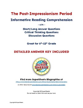 Preview of Post-Impressionism Period: Reading Comprehension & Questions w/ Answer Key