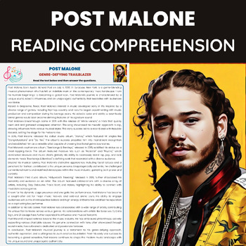 Preview of Post Malone Reading Comprehension Worksheet | Hip-Hop Rap Music