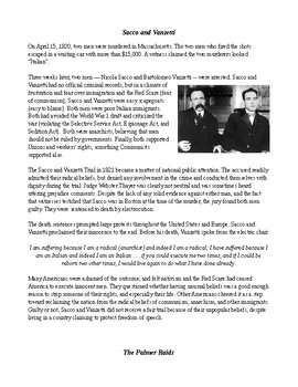 Preview of Roaring 20's: Tensions After WWI - Sacco & Vanzetti, Palmer Raids, Scopes Trial