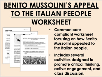 Preview of Benito Mussolini's Appeal to the Italian People worksheet - WWII - Global/World 