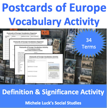 Preview of Postcards of Europe Vocabulary Activity | European Geography or Culture Study