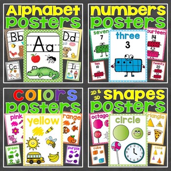 Preview of Posters Bundle (Alphabet Letters, Numbers 0-20, 2D & 3D Shapes, Colors)