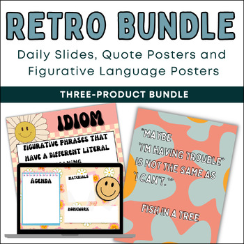 Preview of Posters, Figurative Language, Daily Slides Retro Groovy Classroom Decor BUNDLE