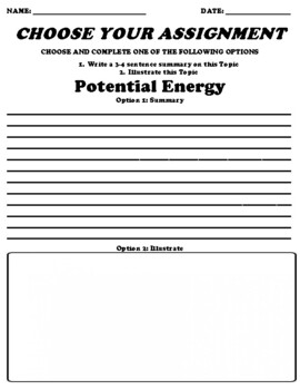 Preview of Potential Energy Choice Board Worksheet