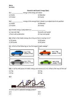 Preview of Kinetic Energy and Potential Energy - Quiz | Printables & Distance Learning