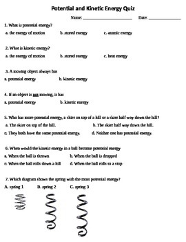 Preview of Potential and Kinetic Energy Quiz Test