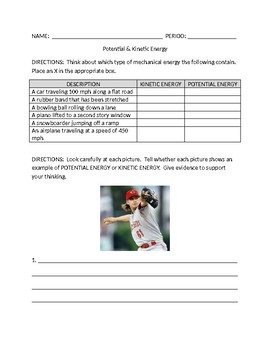 Preview of Potential and Kinetic Energy Worksheet