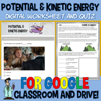 Preview of Potential & kinetic energy digital worksheet self-grading quiz Google apps 6-8 