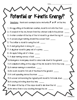 Preview of Potential or Kinetic Energy Worksheet - Physical Science