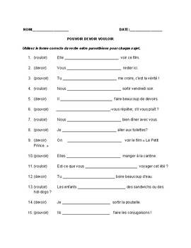 Preview of Pouvoir Devoir Vouloir Worksheet