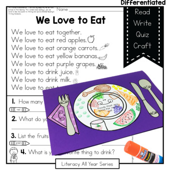 Preview of We Love to Eat- Fluency, Writing, Art, Comprehension