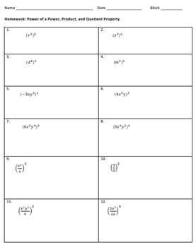 Preview of Power of a Power, Product, and Quotient Exponent Rules Worksheet