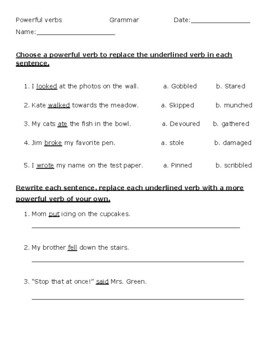 Powerful verbs Grammar activity sheet by amani's store | TPT