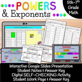 Preview of Powers & Exponents: Presentation, Notes, Self-Checking Activity