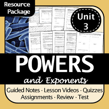 Preview of BC Math 9 Powers & Exponents Resources: Notes, Practice, Quizzes, Review, Test