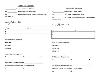 Preview of Powers and Exponents Interactive Notebook Notes