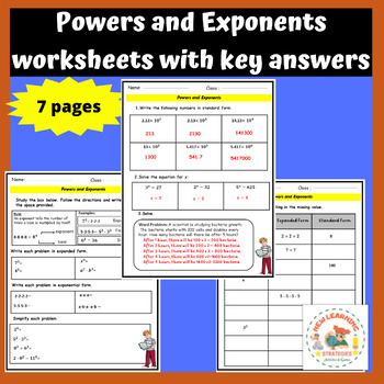 Preview of Powers and Exponents worksheets with  answers key
