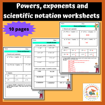 Preview of Powers, exponents, and scientific notation worksheets
