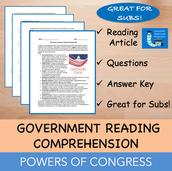 Preview of Powers of Congress - Reading Comprehension Passage & Questions