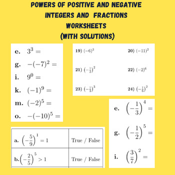 Preview of Powers of Positive and Negative Integers and Fractions Worksheets (with solution