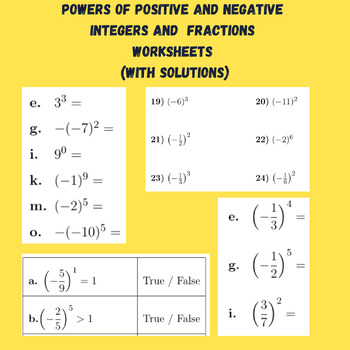 Powers of Positive and Negative Integers and Fractions Worksheets (with ...