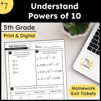 Preview of Powers of Ten Exponents Worksheet & Slides L7 5th Grade iReady Math Exit Tickets