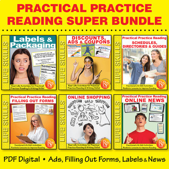 Preview of Practical Practice Reading Super Bundle  Ads, Filling Out Forms, Labels, News