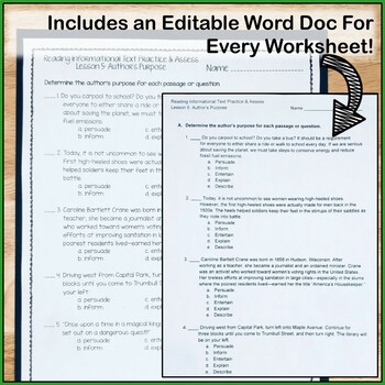 Reading INFORMATIONAL TEXT Printables: Worksheets and Tests Grade 6