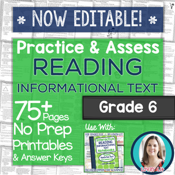 Preview of Reading INFORMATIONAL TEXT Printables: Worksheets and Tests Grade 6